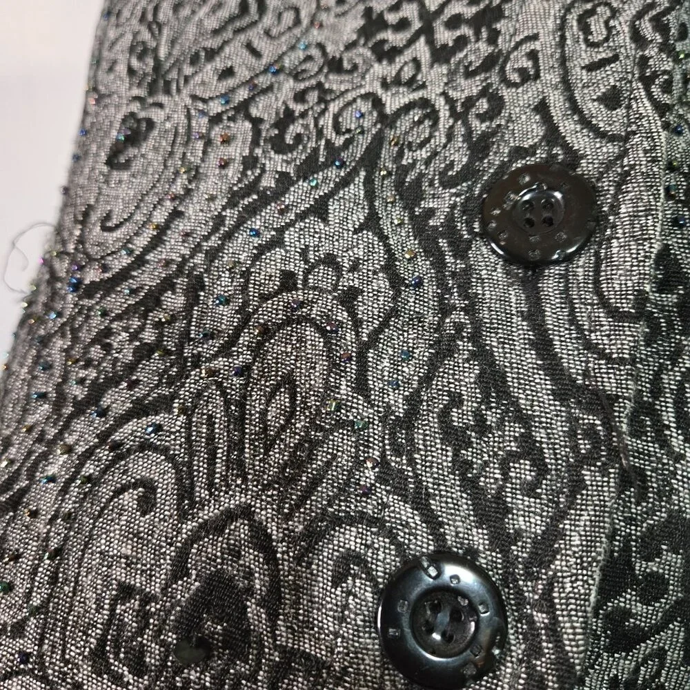 Vintage  L Tapestry Maximalist Art to‎ Wear Beaded Black Silver Shirt Jacket